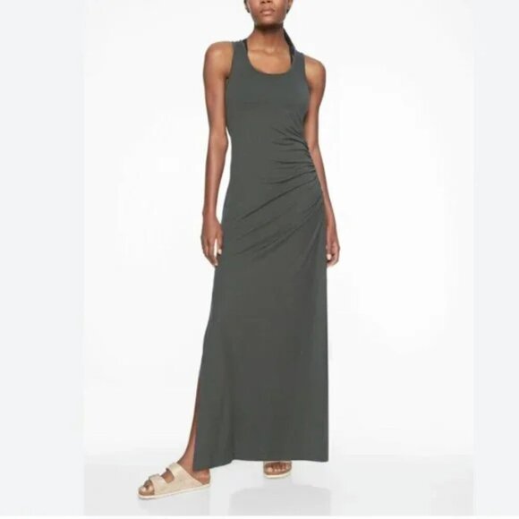 Athleta Playa Racerback Ruched Maxi Dress Size Small Gray Travel Comfy Active - Picture 1 of 10